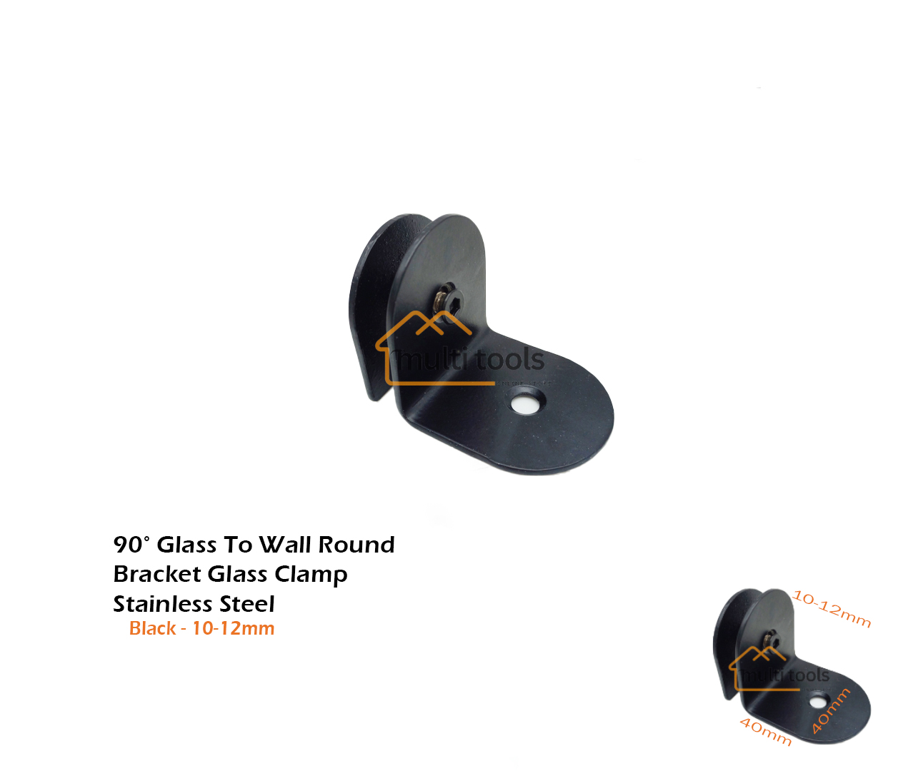 90° Glass To Wall Round Bracket Glass Clamp Stainless Steel Black 10-12Mm